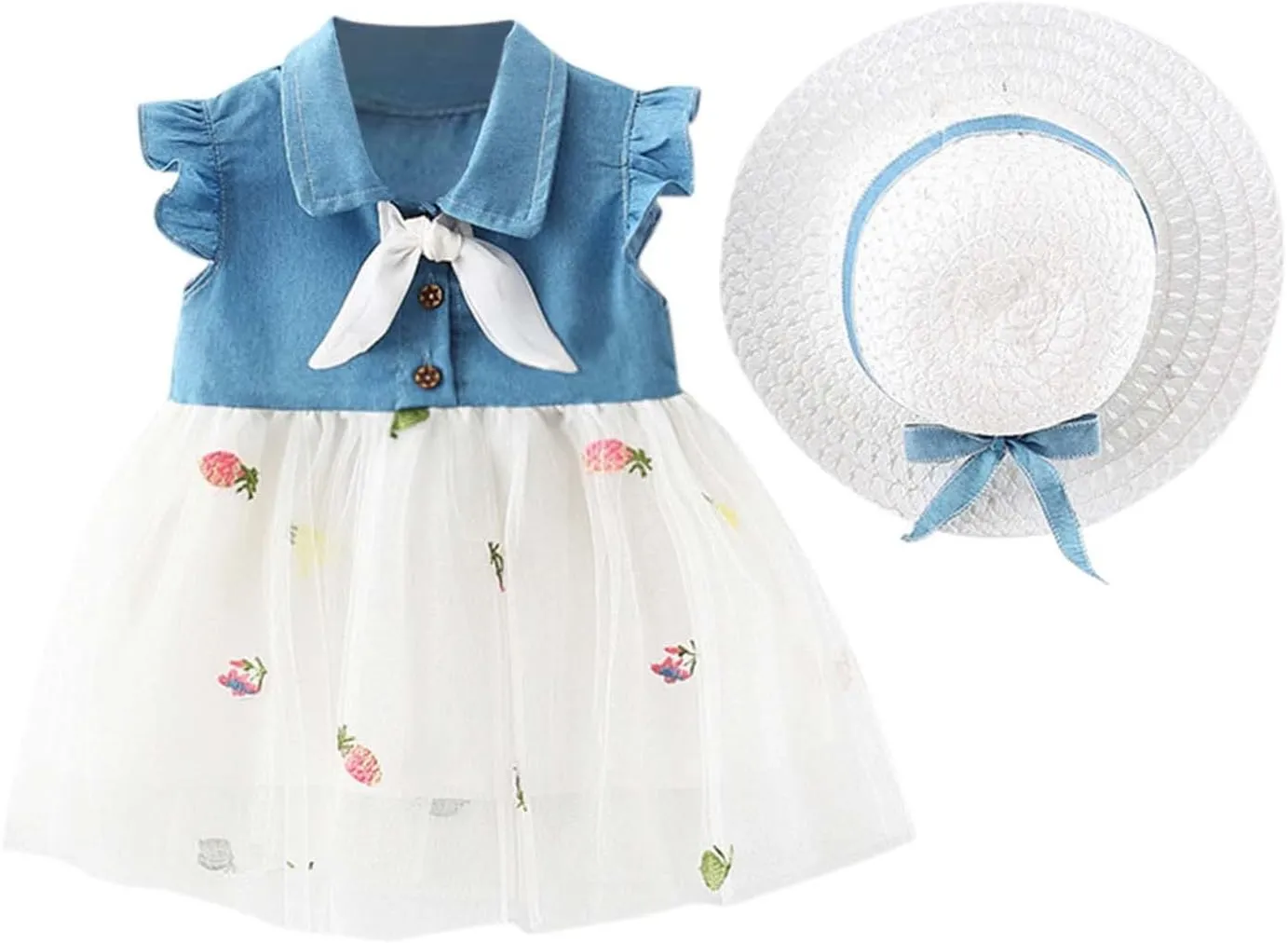 Girls Summer Dress Infant Floral Suspenders Dress Baby Princess Outfits Clothes Hat Girls Dress Kids for 1-4 Years