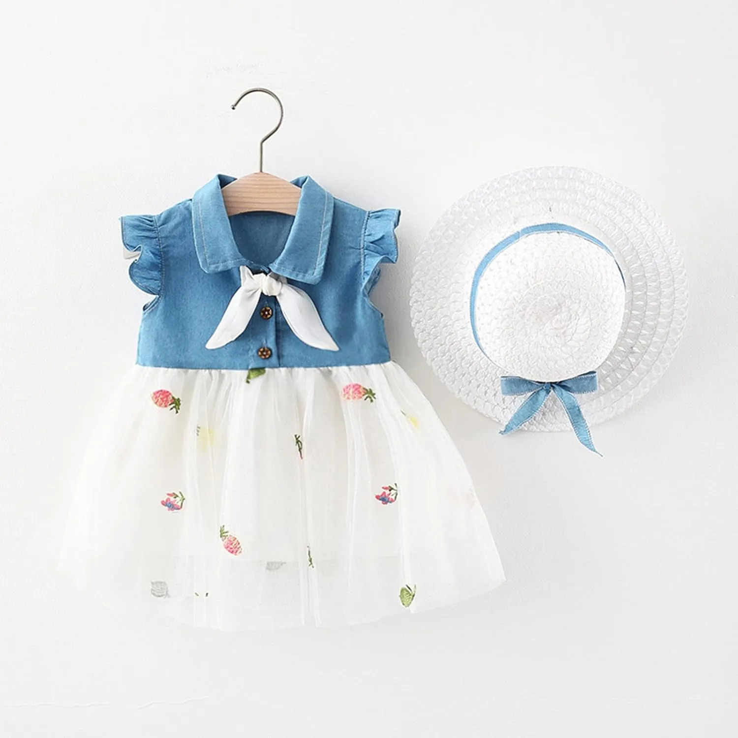 Girls Summer Dress Infant Floral Suspenders Dress Baby Princess Outfits Clothes Hat Girls Dress Kids for 1-4 Years