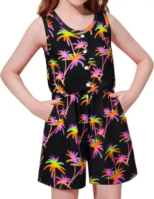 Girls Summer Romper Sleeveless Crew Neck Jumpsuit Short Outfits with Pocket One Piece Casual Clothes Elastic Waist