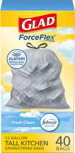 Glad ForceFlex Drawstring Trash Bags, 13 Gal, Fresh Clean, 40 Ct (Package May Vary)
