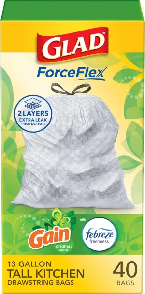 Glad ForceFlex Tall Kitchen Trash Bags, 13 Gal, Gain Original with Febreze, 40 Ct (Pack May Vary)