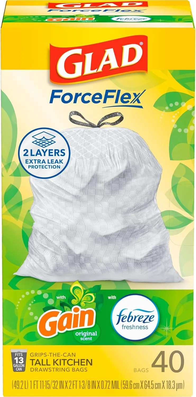 Glad ForceFlex Tall Kitchen Trash Bags, 13 Gal, Gain Original with Febreze, 40 Ct (Pack May Vary)