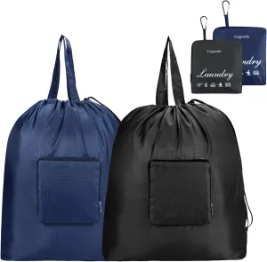GOGOODA Travel Laundry Bags with Drawstring Closure XL Large Foldable Dirty Clothes bags with Handle Heavy Duty and Washable for College Dorm Travelling Camping, 2 Pack, Black & Dark Blue