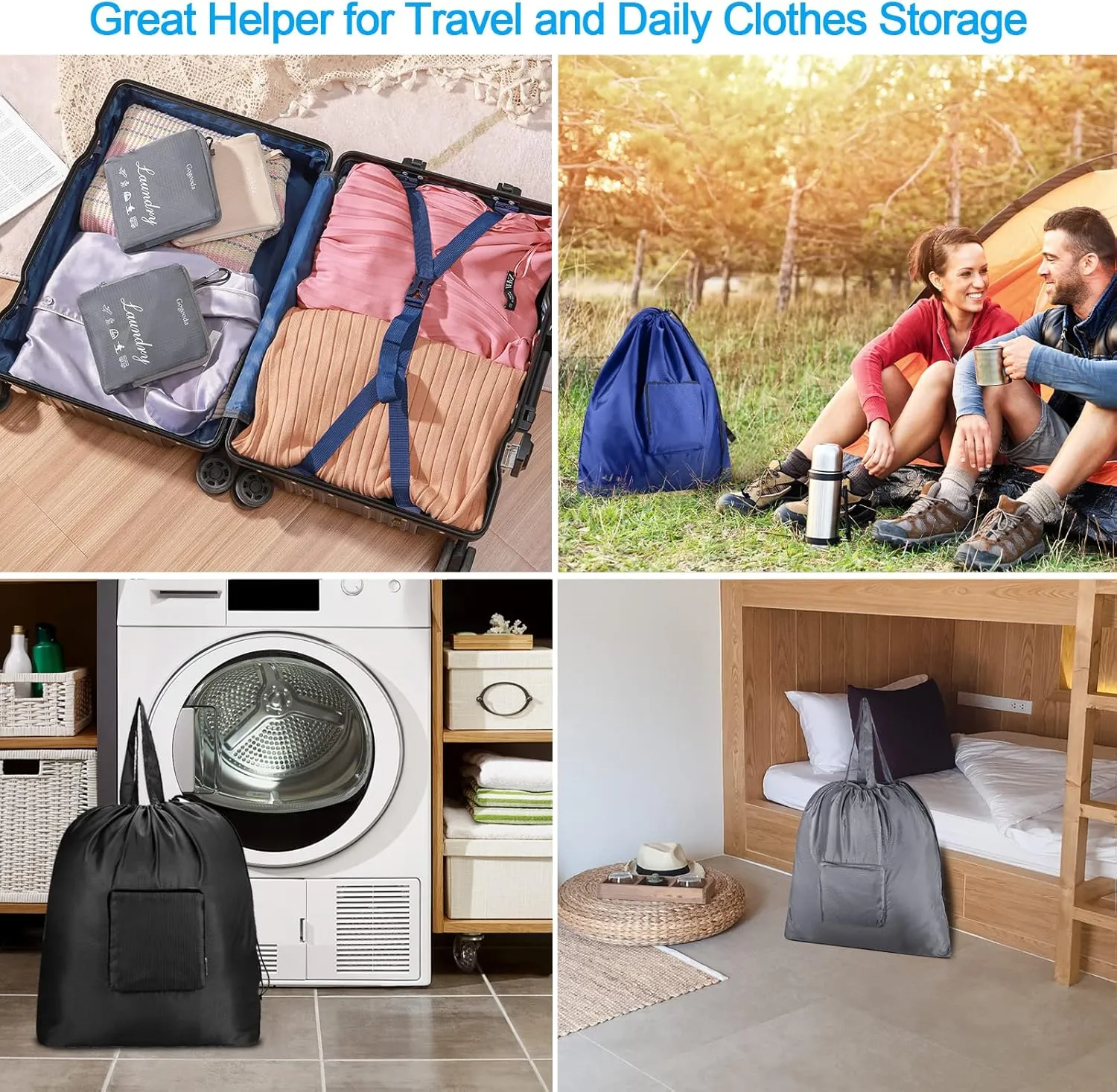 GOGOODA Travel Laundry Bags with Drawstring Closure XL Large Foldable Dirty Clothes bags with Handle Heavy Duty and Washable for College Dorm Travelling Camping, 2 Pack, Dark Blue & Grey