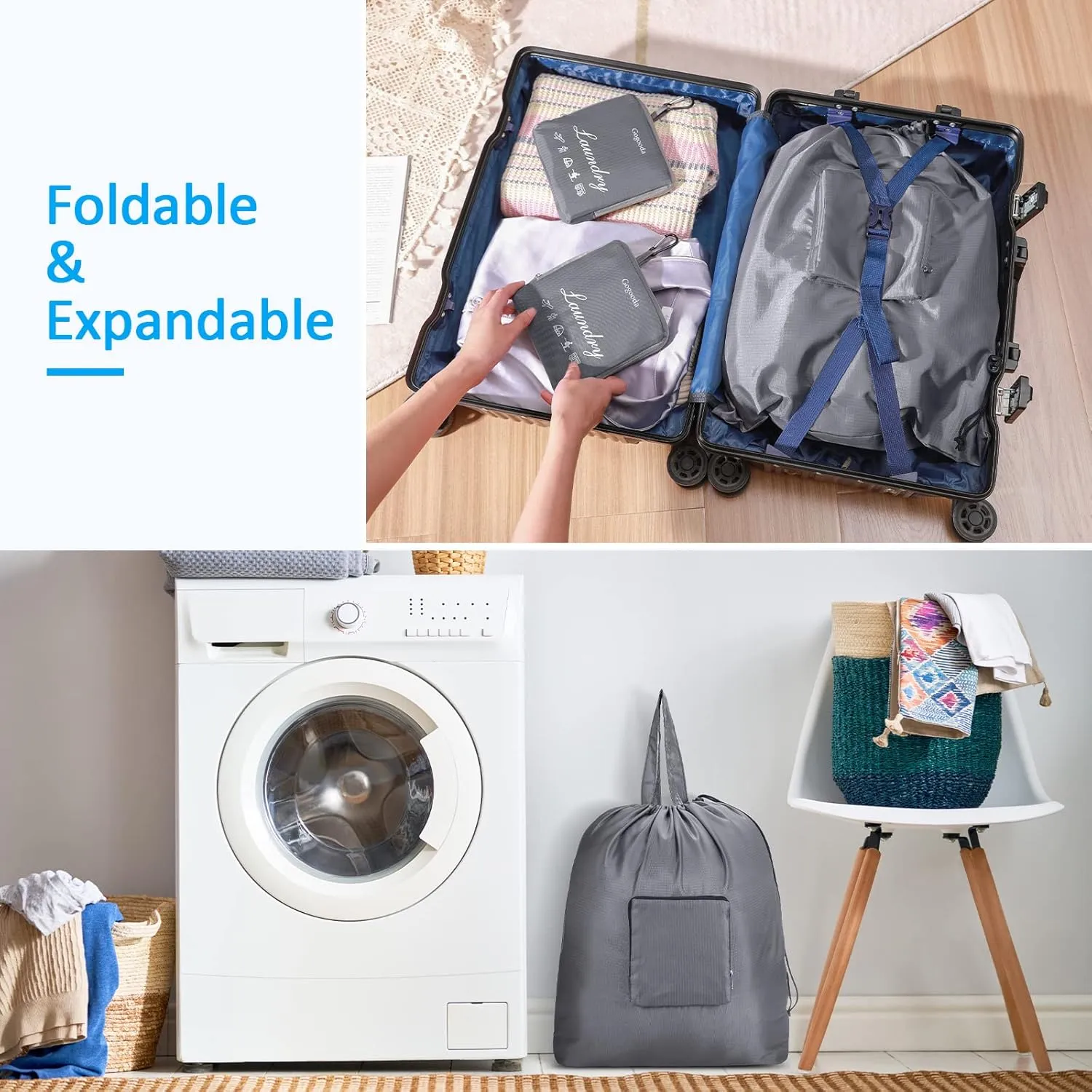 GOGOODA Travel Laundry Bags with Drawstring Closure XL Large Foldable Dirty Clothes bags with Handle Heavy Duty and Washable for College Dorm Travelling Camping, 2 Pack, Dark Blue & Grey