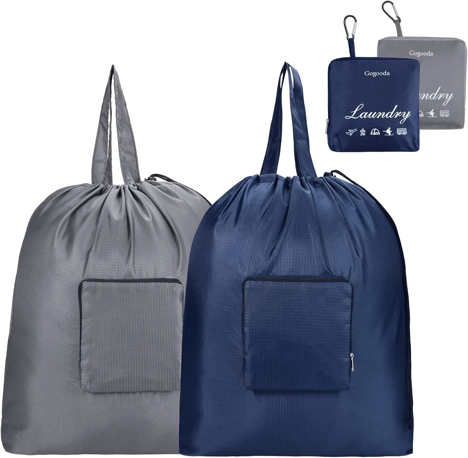 GOGOODA Travel Laundry Bags with Drawstring Closure XL Large Foldable Dirty Clothes bags with Handle Heavy Duty and Washable for College Dorm Travelling Camping, 2 Pack, Dark Blue & Grey