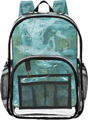 Green Water Lily Painting Clear Bag for Women Travel Kids Backpack Boys Girls School Clear Plastic Bag Pvc