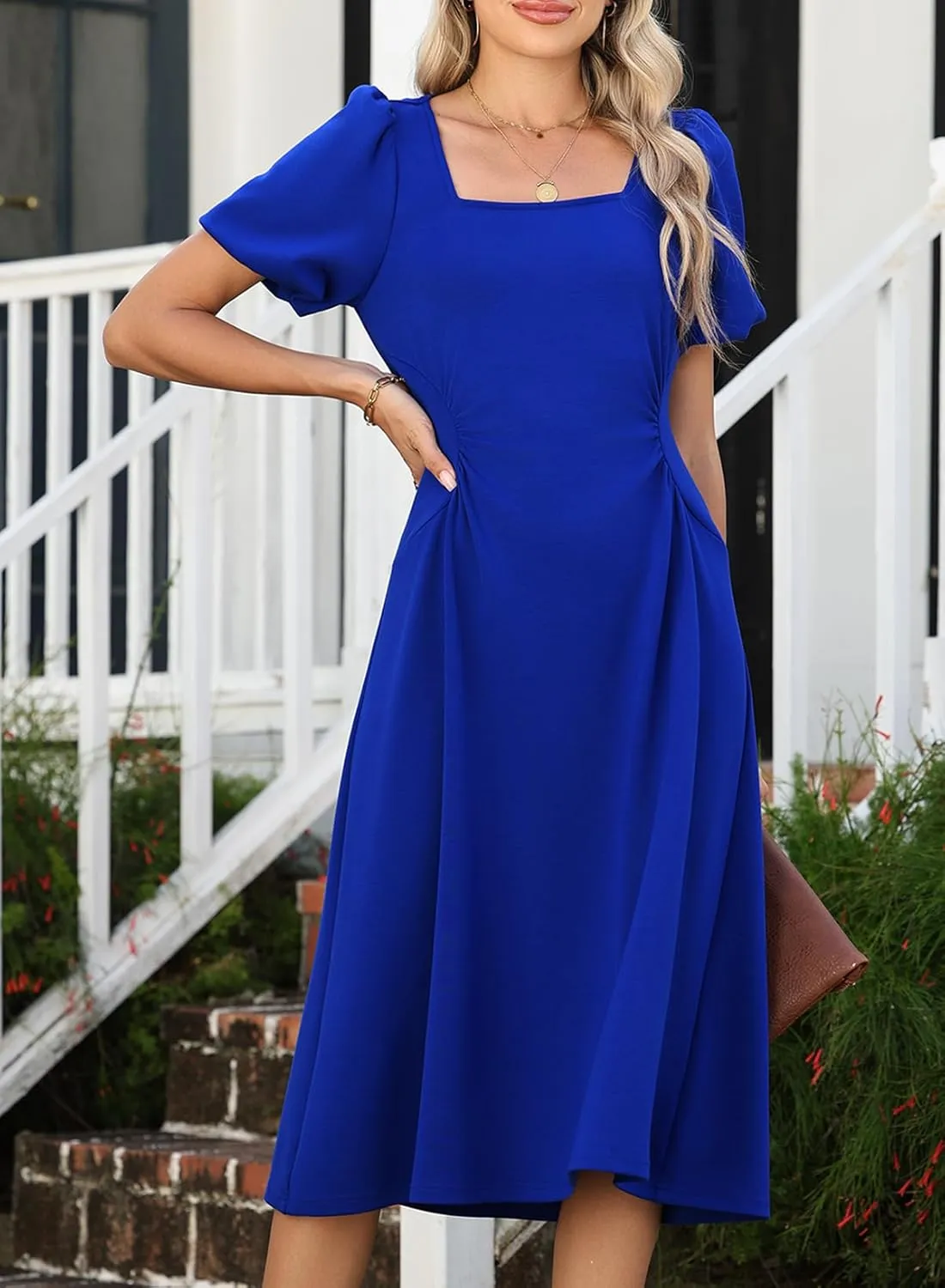 Happy Sailed Women's Summer Short Sleeve Square Neck Ruched Waist Flowy A Line Midi Cocktail Party Dress