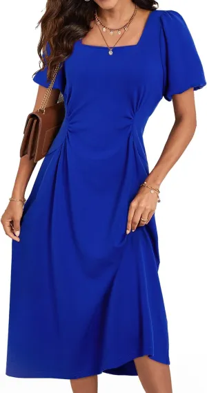 Happy Sailed Women's Summer Short Sleeve Square Neck Ruched Waist Flowy A Line Midi Cocktail Party Dress
