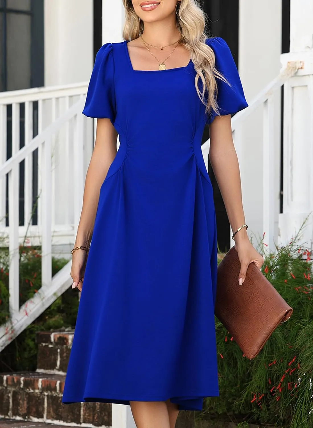 Happy Sailed Women's Summer Short Sleeve Square Neck Ruched Waist Flowy A Line Midi Cocktail Party Dress