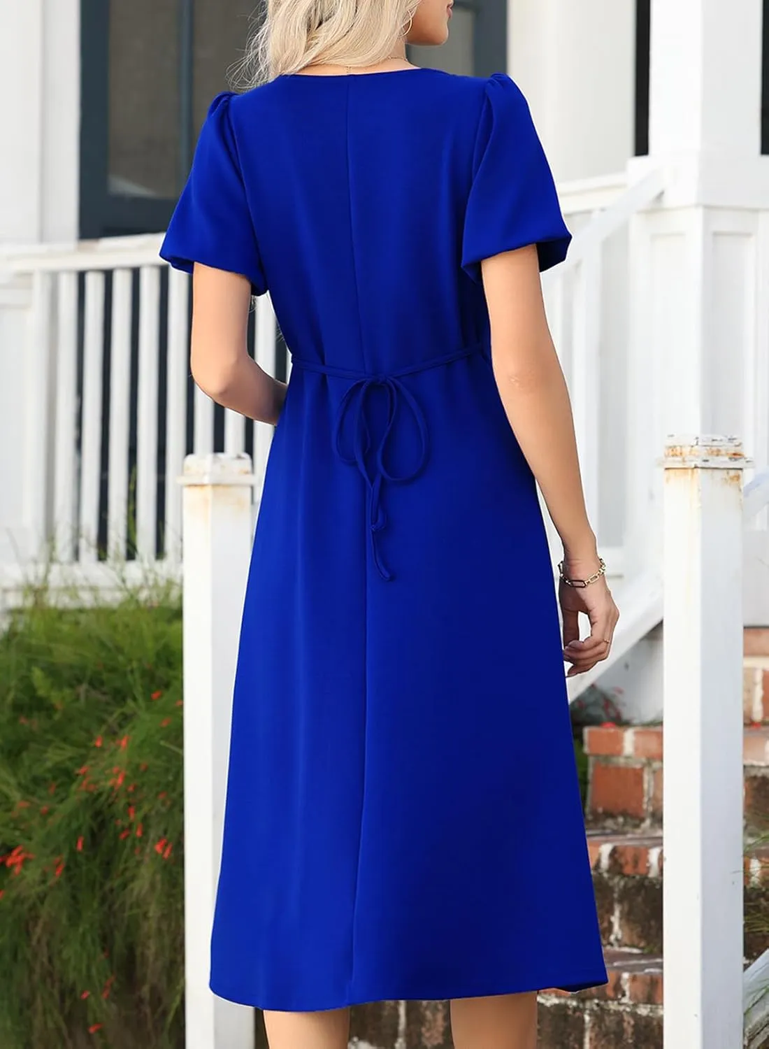 Happy Sailed Women's Summer Short Sleeve Square Neck Ruched Waist Flowy A Line Midi Cocktail Party Dress