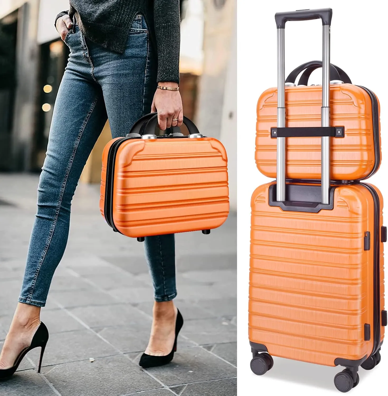 Hard Case Luggage 2 Piece Sets Carry On Luggage Lightweight With Spinner Wheels Rolling Suitcase 22x14x9 Airline Approved PC ABS TSA Lock Hardshell Travel Carry On Hardside 14/20 Inch 2PCS,Orange
