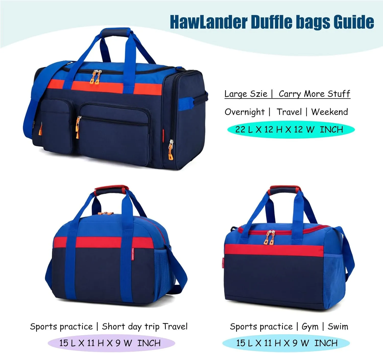 HawLander Kids Duffle Bag for Boys or Girls, Fit School Practice, or Overnight Travel (Navy Blue)
