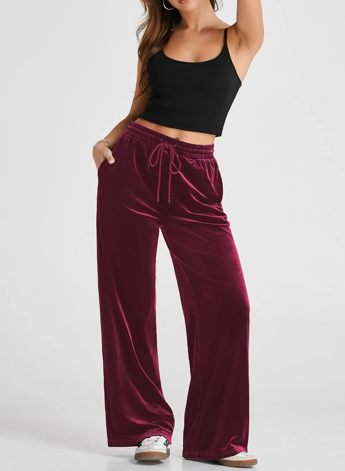 Herseas Women's Velvet Pants Drawstring Waist Wide Leg Casual Lounge Pant
