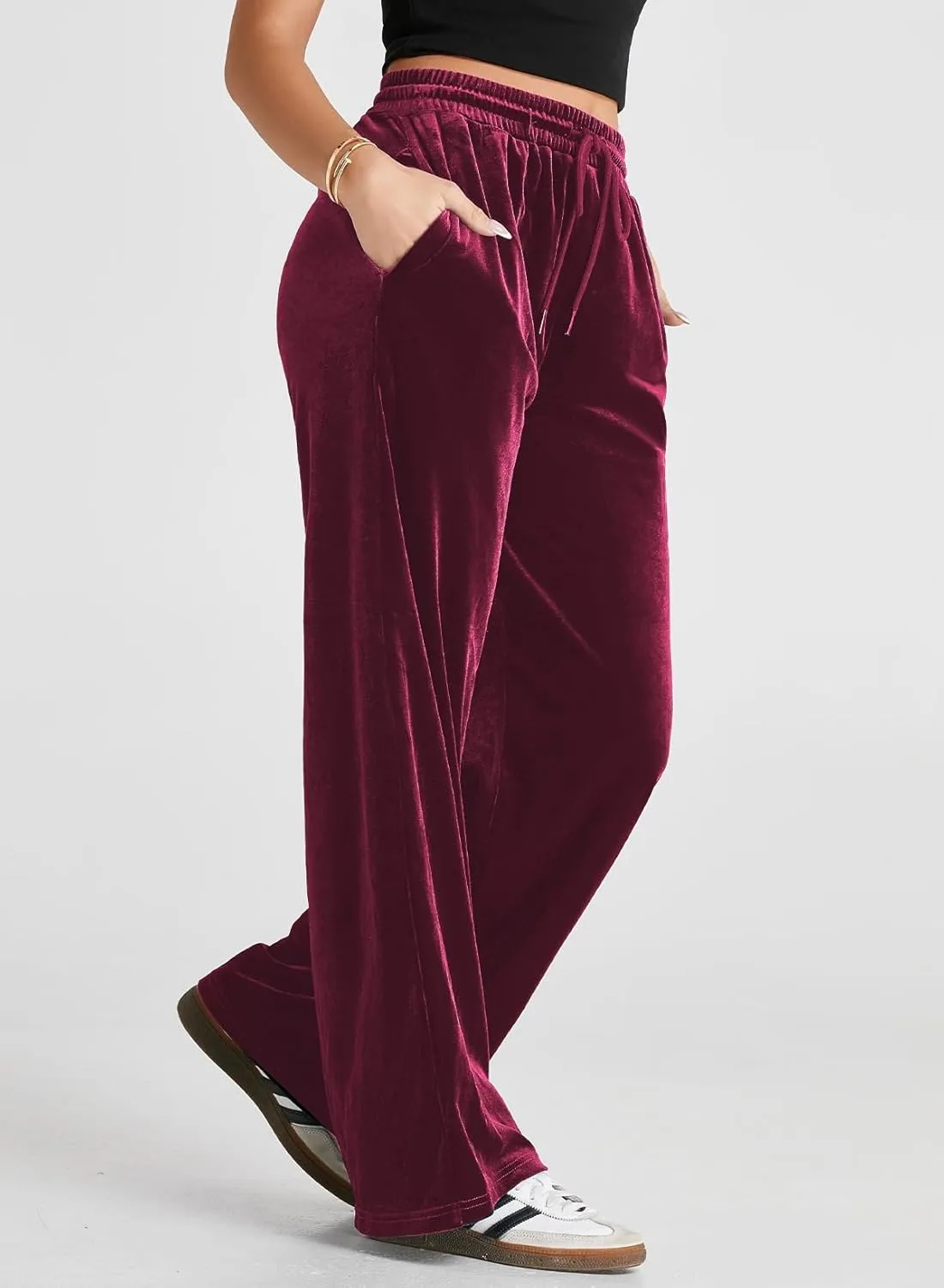Herseas Women's Velvet Pants Drawstring Waist Wide Leg Casual Lounge Pant