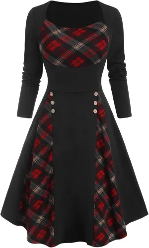 HGOOGY Graduation Dress for Women Retro Women Plus Size Plaid Insert Mock Button Long Sleeve Dress High Neck Midi