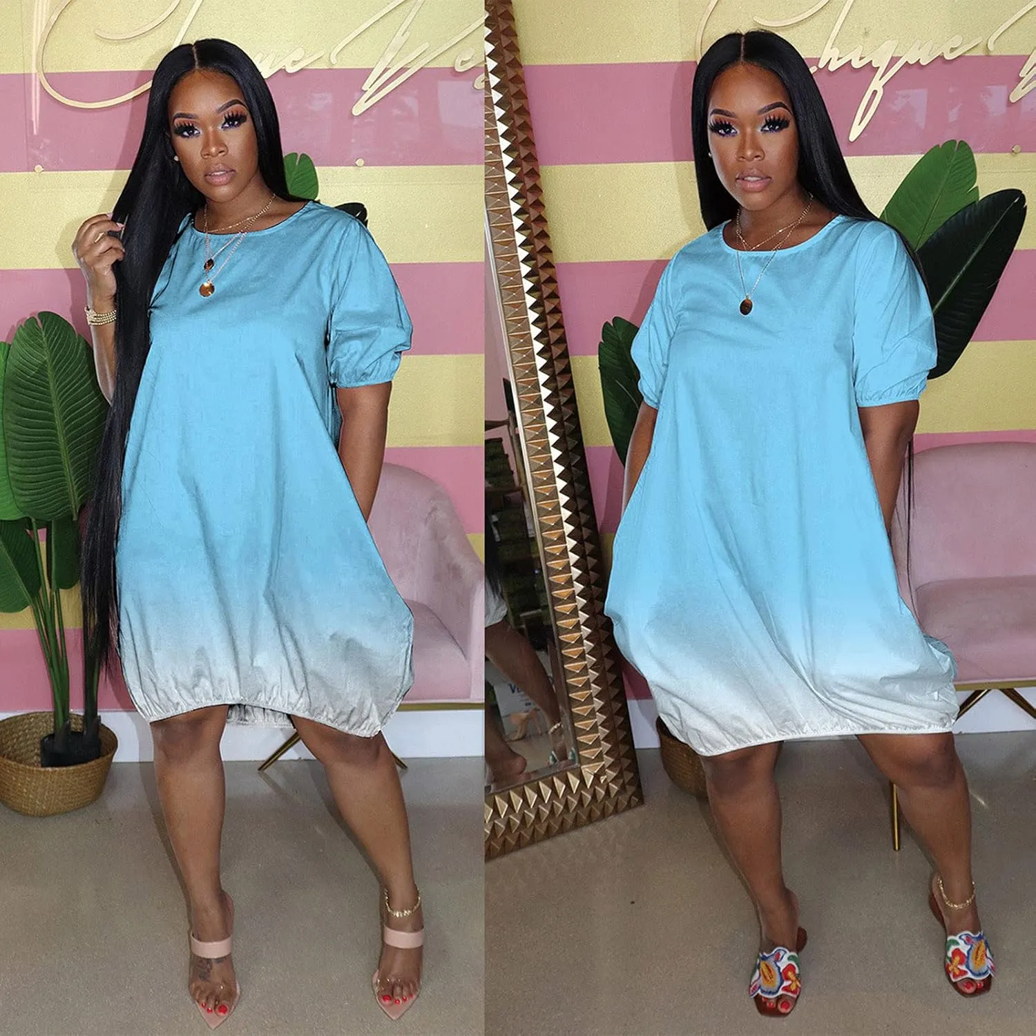 HGOOGY Midi Dress Flowy Short Women's Sleeve Plus Casual Gradient Casual Summer Mid-Length Women's Casual Dresses