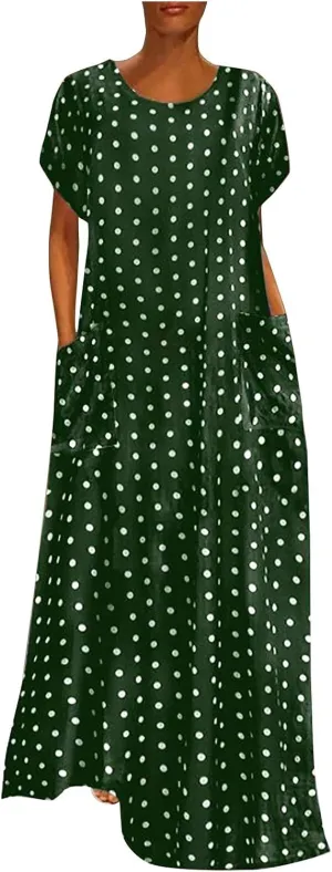 HGOOGY Midi Dress Summer Size Plus Print Women Maxi Dot Loose Sleeve Dresses Short Holiday Polka Beach Dress Plus