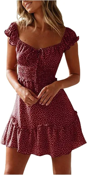 HGOOGY Polka Dot Dress for Women Summer Cap Sleeve Mini Dresses Casual Ruffle Sundresses Plus Size Flowy Bohemian