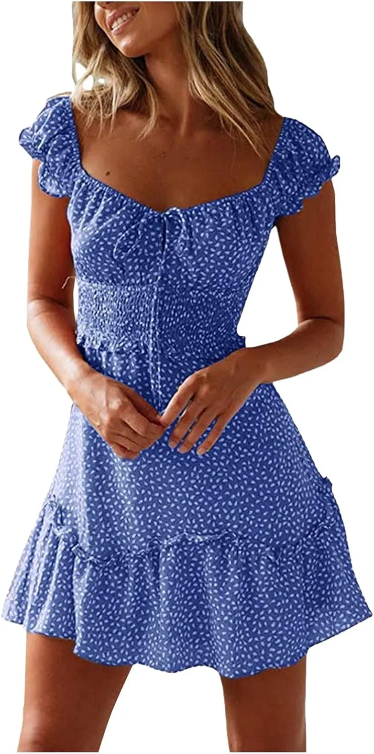 HGOOGY Polka Dot Dress for Women Summer Cap Sleeve Mini Dresses Casual Ruffle Sundresses Plus Size Flowy Bohemian