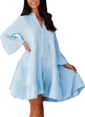 HGOOGY Womens Dresses Spring Casual Women's Long Sleeve Botton Ruffle Dresses Casual Loose Swing Mini Ruffle