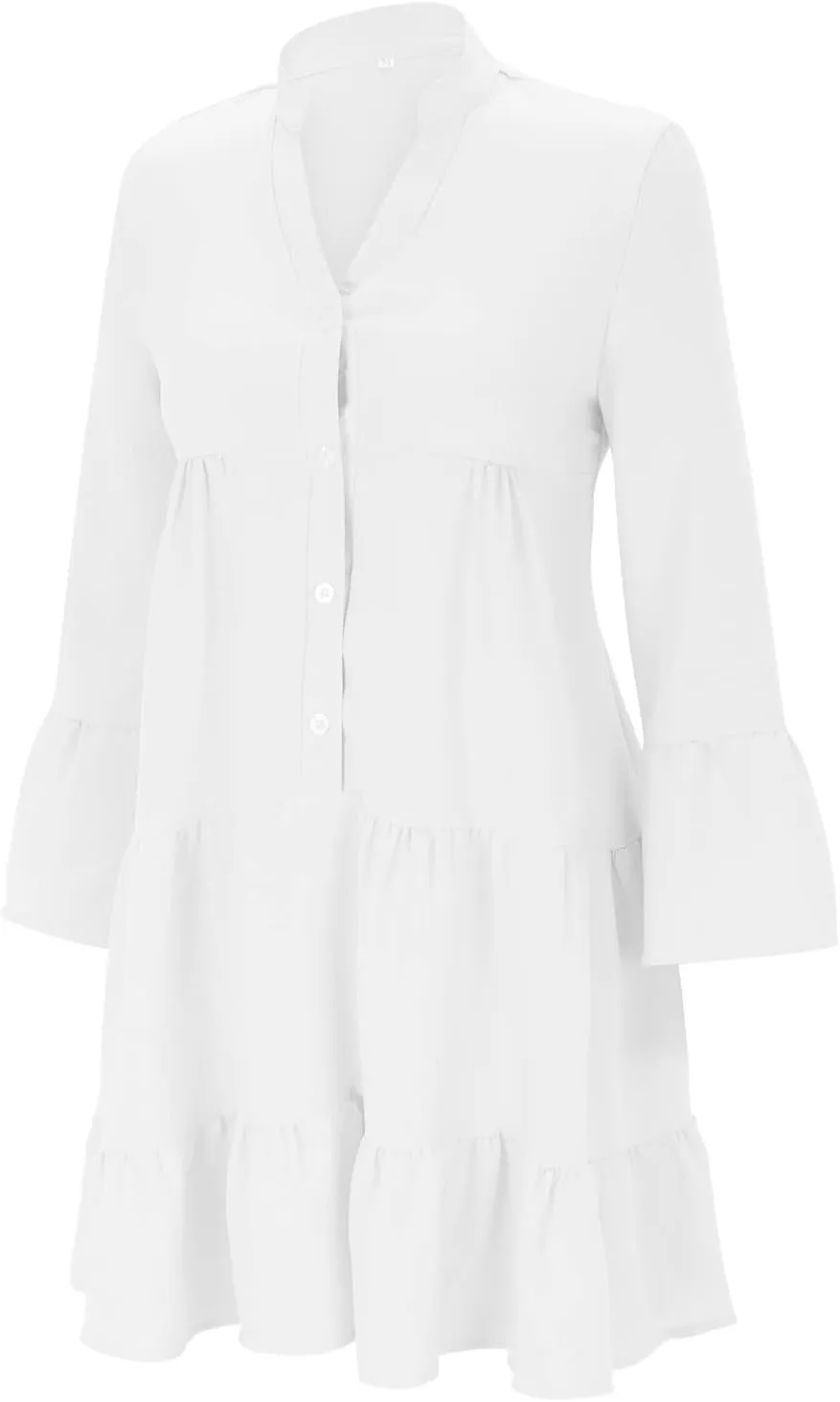 HGOOGY Womens Dresses Spring Casual Women's Long Sleeve Botton Ruffle Dresses Casual Loose Swing Mini Ruffle