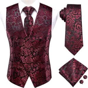 Hi-Tie Men's Silk Suit Vest Double-breasted Vest Set V Neck Jacquard Tie Handkerchief Cufflinks 4PCS Suits