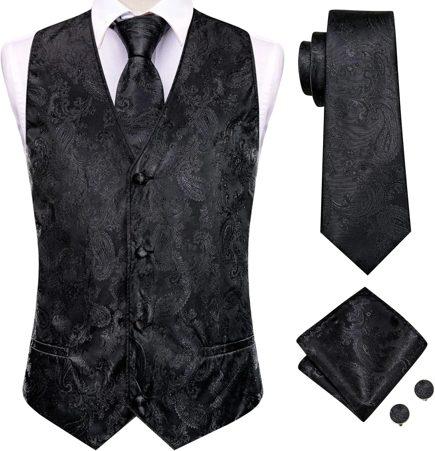 Hi-Tie Men's Silk Suit Vest Formal Vest for Men V Neck Jacquard Tie Handkerchief Cufflinks 4PCS Suits