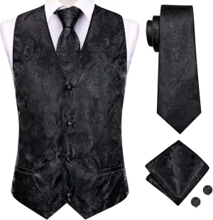 Hi-Tie Men's Silk Suit Vest Formal Vest for Men V Neck Jacquard Tie Handkerchief Cufflinks 4PCS Suits