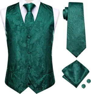 Hi-Tie Men's Silk Suit Vest Formal Vest for Men V Neck Jacquard Tie Handkerchief Cufflinks 4PCS Suits