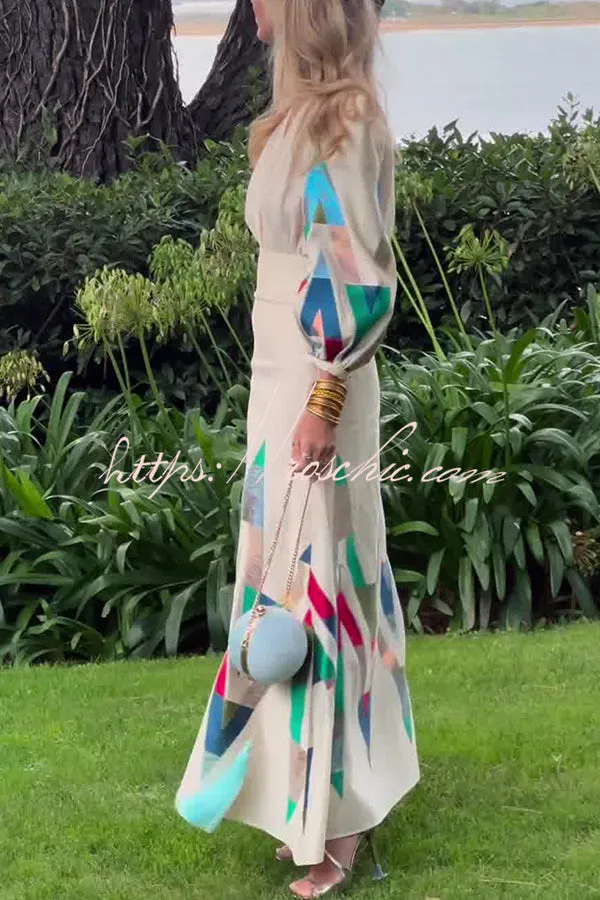 Highest Elegance Colorful Triangle Print Padded Shoulder Blouse and High Rise Maxi Skirt Set