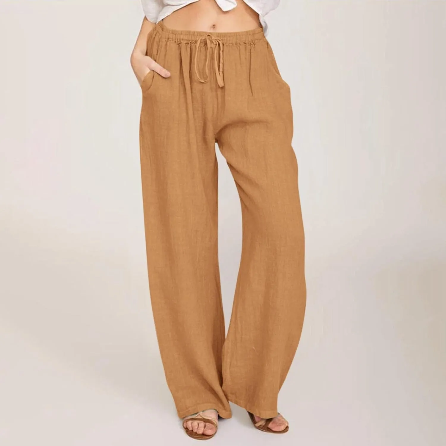 HOTYD Women's Cotton Linen Pants Summer Wide Leg Casual Loose Drawstring High Waist Palazzo Pants Trousers with Pockets