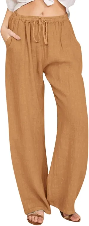 HOTYD Women's Cotton Linen Pants Summer Wide Leg Casual Loose Drawstring High Waist Palazzo Pants Trousers with Pockets