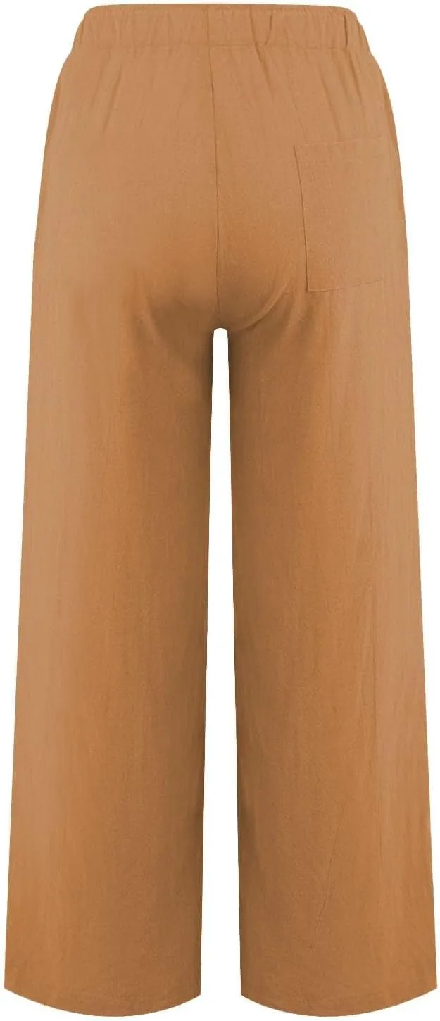 HOTYD Women's Cotton Linen Pants Summer Wide Leg Casual Loose Drawstring High Waist Palazzo Pants Trousers with Pockets