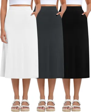 Huukeay 3 Pack Women's Midi Skirts with Pockets A Line Flared Stretchy High Waist Below Knee Skirt Dressy Casual Summer(Black, Dark Gray, White,X-Large)