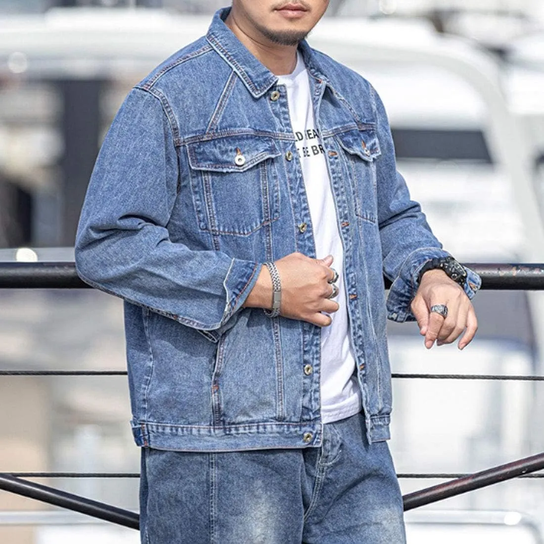 HZCX FASHION Mens Denim Trucker Jacket Big and Tall Loose Button Down Jean Coat