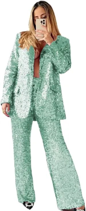 HZUOU Sequin Suits for Women Sparkly Ladies Party Clubwear 2 Pieces Wedding Festival Outfits with Wide Leg Flare Pants HZH45