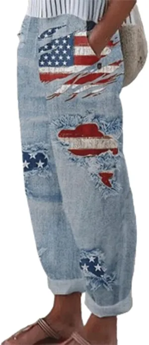 Independence Day Pants Women 4th of July Jeans Stretchy Distress American Flag