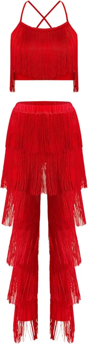 JEATHA 2Pcs Women Latin Dance Outfits Sets Tassel Camisole Tops Fringe Pants Modern Salsa Ballroom Costume