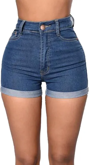 JEKE-DG Women's Casual Stretchy Denim Shorts High Waisted Folded Hem Short Jeans Summer Denim Jean with Pockets