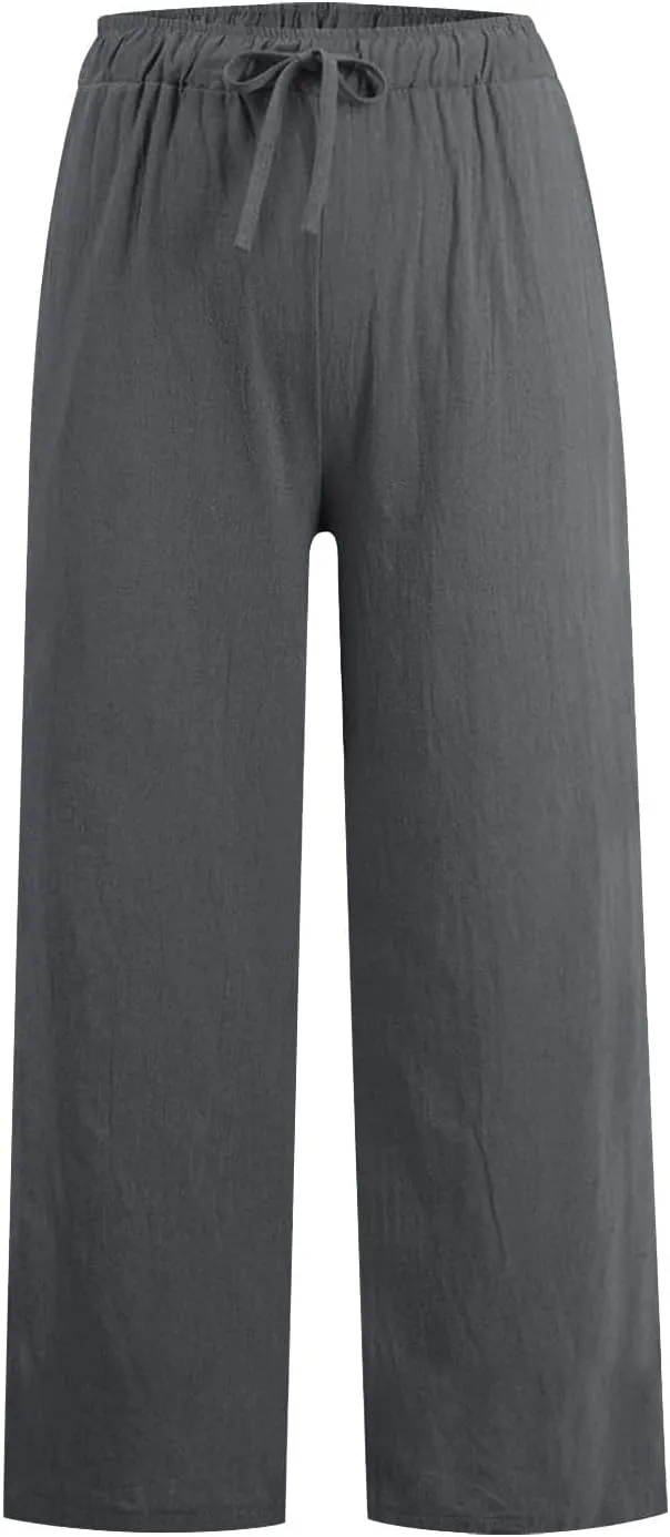 jovati Wide Leg Casual Pants for Womens Straight Leg High Waist Trousers Boho Cotton Linen Flowy Palazzo Pants