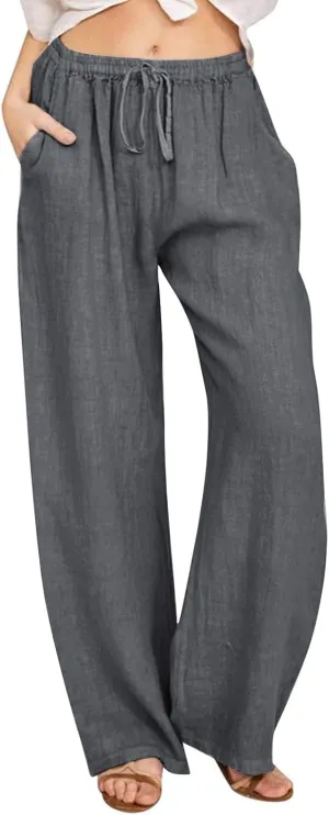 jovati Wide Leg Casual Pants for Womens Straight Leg High Waist Trousers Boho Cotton Linen Flowy Palazzo Pants