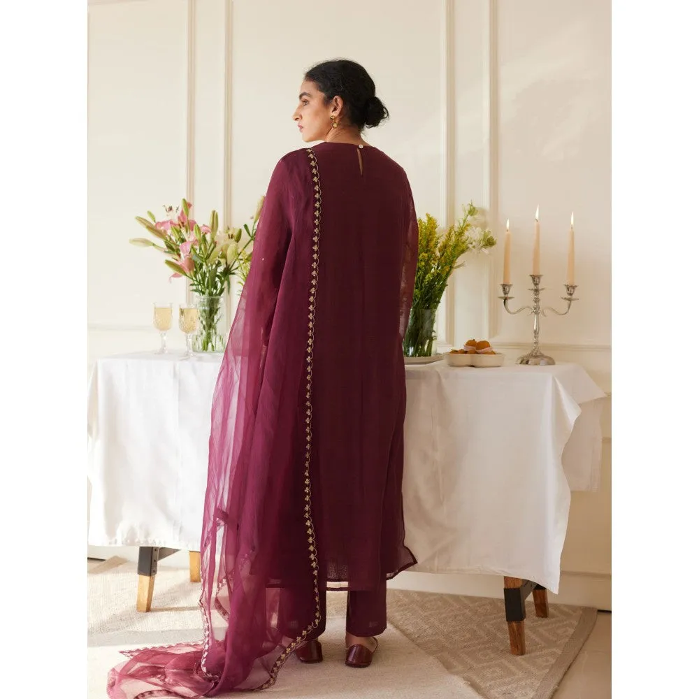 Juanita Wine Handwoven Chanderi Kurta & Pant with Dupatta (Set of 3)