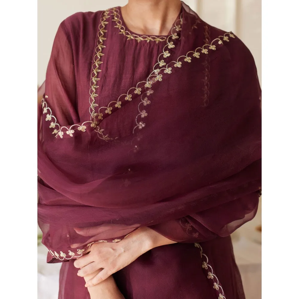 Juanita Wine Handwoven Chanderi Kurta & Pant with Dupatta (Set of 3)