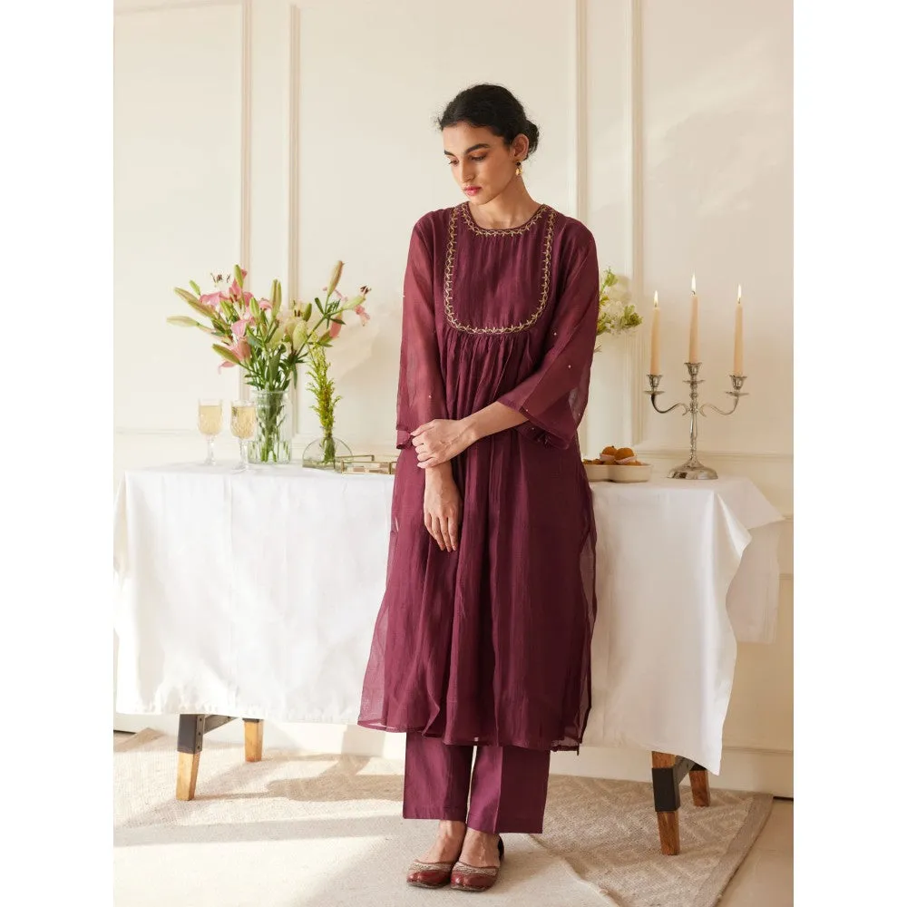 Juanita Wine Handwoven Chanderi Kurta & Pant with Dupatta (Set of 3)