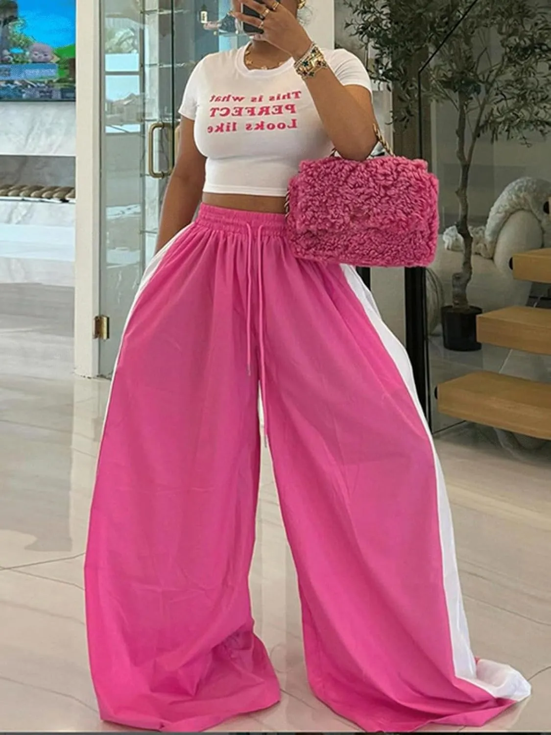 KANSOON Wide Leg Pants Woman Casual Elastic High Waisted Palazzo Lounge Pants Loose Pleated Drawstring Trousers