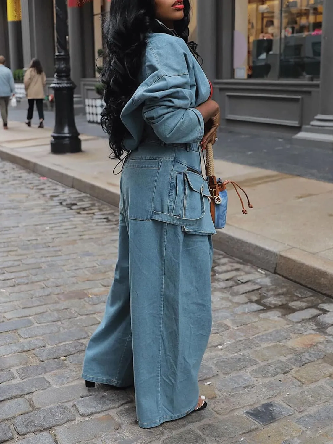 KANSOON Women Denim Set Jean 2 Piece Outfit Cargo Zip Long Sleeve Crop Jacket Wide Leg Pant Drawstring Loose Sweatsuit
