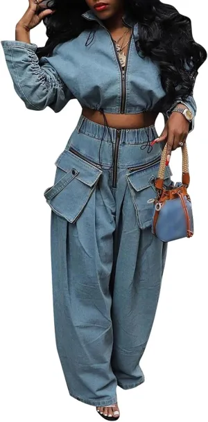 KANSOON Women Denim Set Jean 2 Piece Outfit Cargo Zip Long Sleeve Crop Jacket Wide Leg Pant Drawstring Loose Sweatsuit