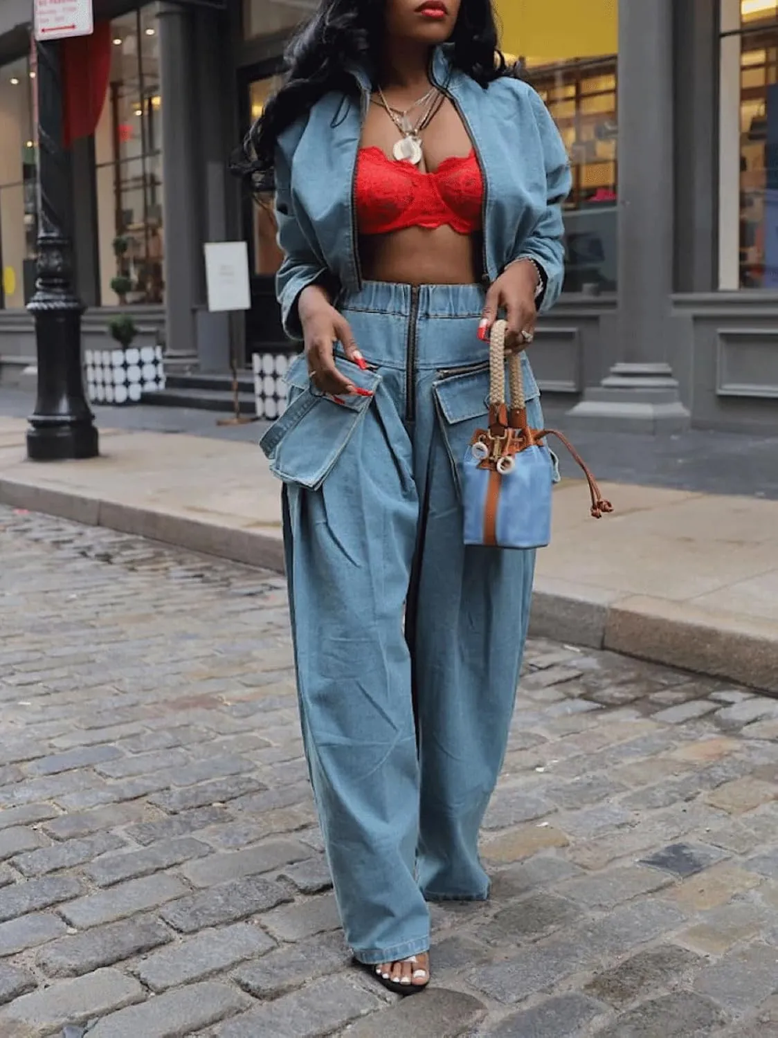 KANSOON Women Denim Set Jean 2 Piece Outfit Cargo Zip Long Sleeve Crop Jacket Wide Leg Pant Drawstring Loose Sweatsuit