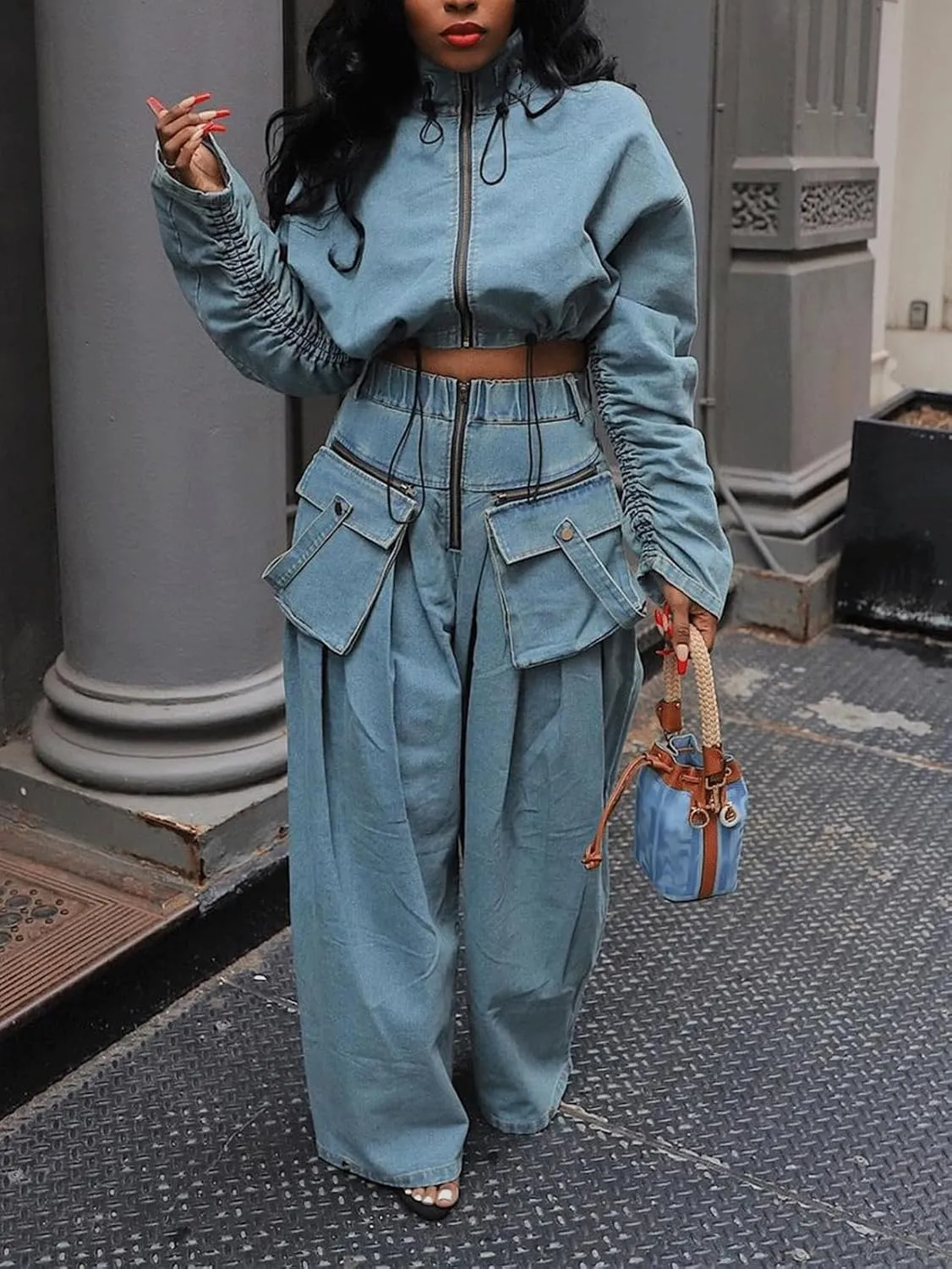 KANSOON Women Denim Set Jean 2 Piece Outfit Cargo Zip Long Sleeve Crop Jacket Wide Leg Pant Drawstring Loose Sweatsuit